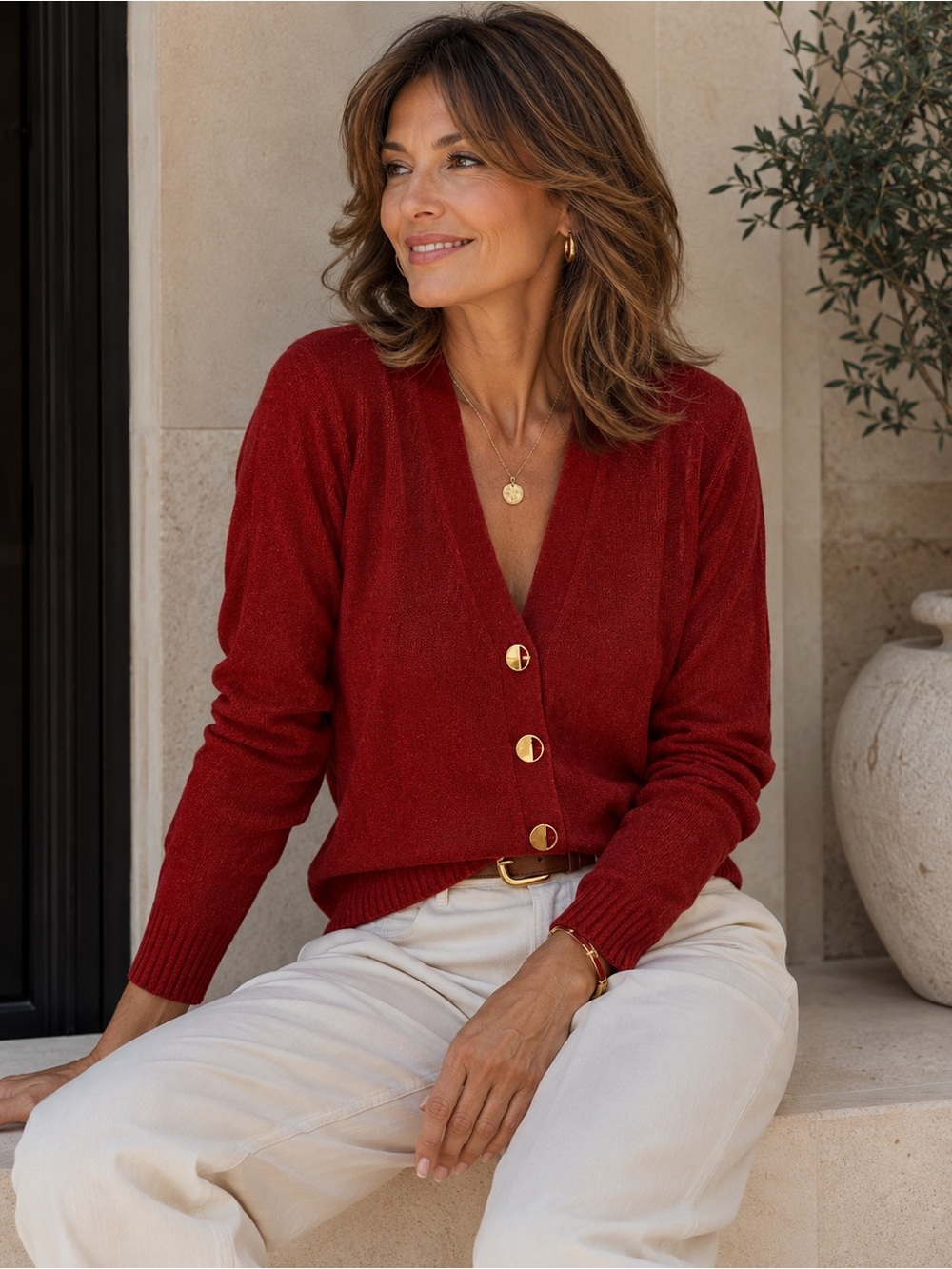 St. John red V-neck cardigan knit sweater